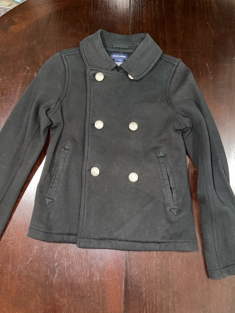 Ralph Lauren Girls Black Knit Military Peacoat Jacket Silver Crest Buttons L